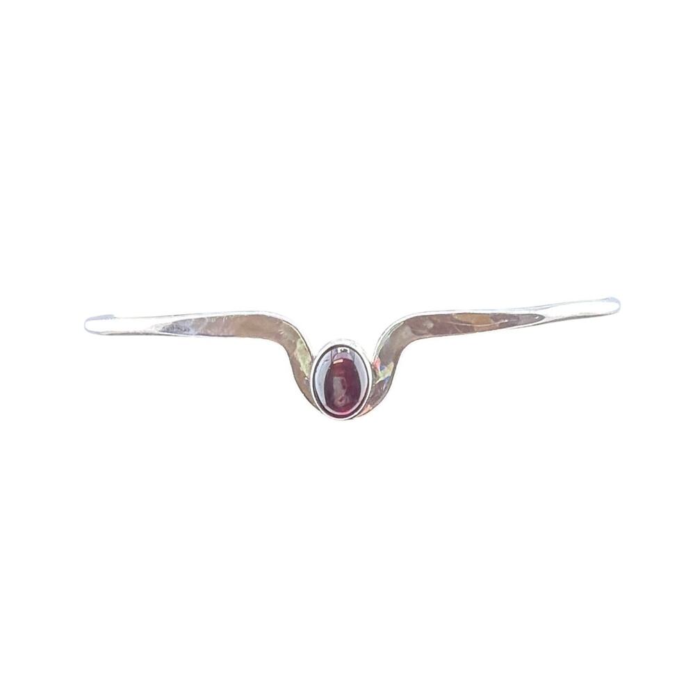 Vintage Sterling Silver Hammered Red Garnet Open Cuff Bracelet